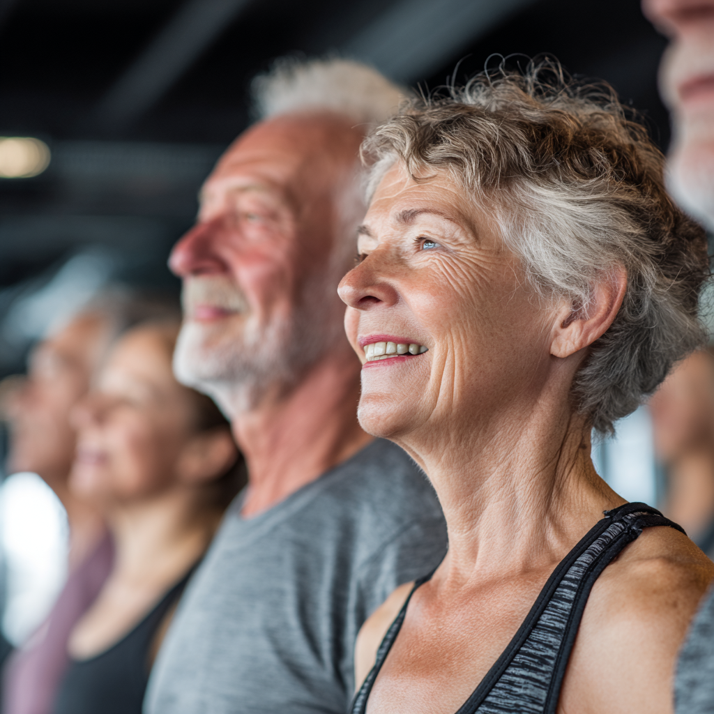 Confident elderly European woman performing gentle stretching exercises in a bright fitness studio