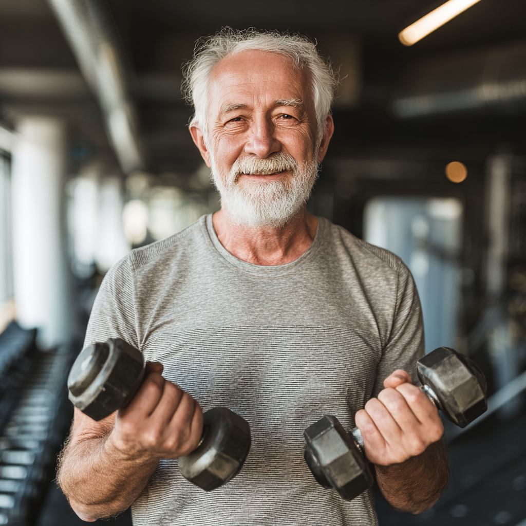 Group of active elderly European people practicing gentle stretching exercises outdoors